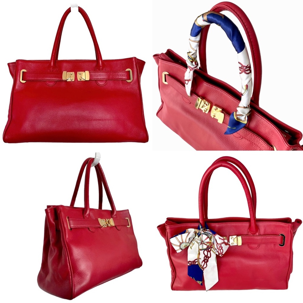 Red Pebbled Leather Large Handbag by Onna Ehrlich Golden Trim w/Scarf